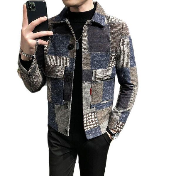 men's jackets fall 2021 handsome young man plaid colorblock woolen jacket men 's slim fit lapel short trench coat, Black;brown
men's jackets fall 2021 handsome young man plaid colorblock woolen jacket men 's slim fit lapel short trench coat, Black;brown