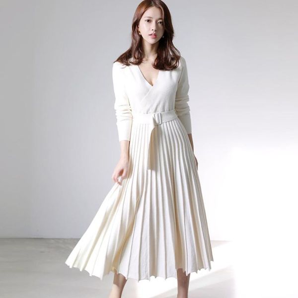 white knitted sweater dress women v-neck long sleeve pleated with belt elegant casual autumn midi plus size b339 dresses, Black;gray
white knitted sweater dress women v-neck long sleeve pleated with belt elegant casual autumn midi plus size b339 dresses, Black;gray