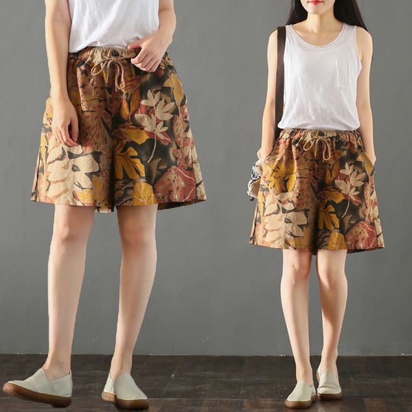 short literary summer retro leaf printing cotton and linen loose shorts elastic waist long leg wide to-line women's pants k219 im2a, White;black
short literary summer retro leaf printing cotton and linen loose shorts elastic waist long leg wide to-line women's pants k219 im2a, White;black