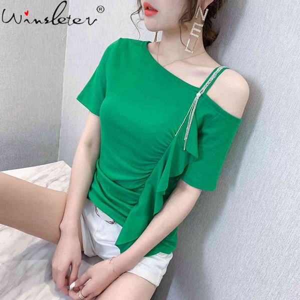 women's t-shirt summer korean clothes cotton girl fashion off shoulder ruffles diamonds women short sleeve tees 2021 t14, White
women's t-shirt summer korean clothes cotton girl fashion off shoulder ruffles diamonds women short sleeve tees 2021 t14, White