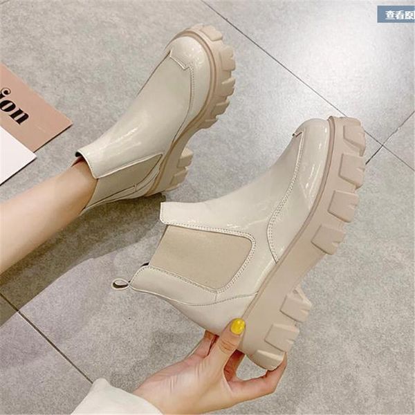 boots spring autumn patent leather ankle women motorcycle female shoes woman thick sole punk beige black eu 35-39