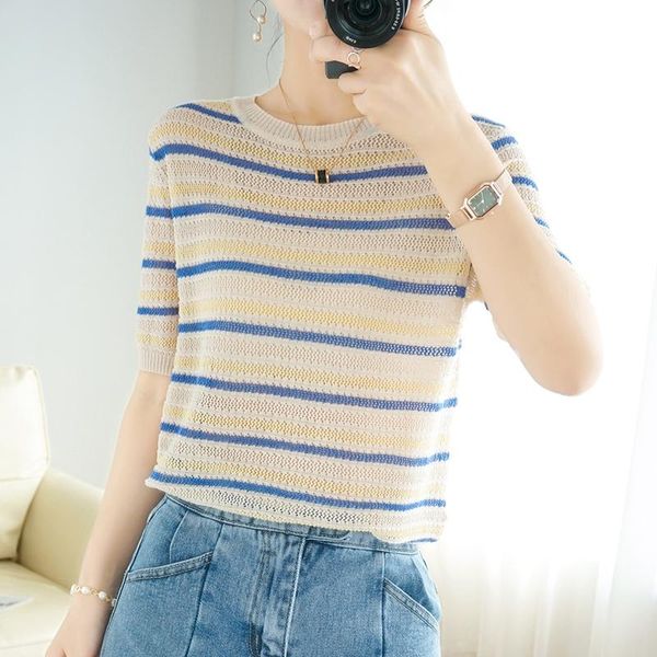 women's sweaters 2021 ladies pure cotton t-shirt round neck pullover short-sleeved casual knit stripe stitching plus size tees, White;black
women's sweaters 2021 ladies pure cotton t-shirt round neck pullover short-sleeved casual knit stripe stitching plus size tees, White;black