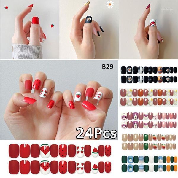 24pcs elegant fruit flower fake nails press on nail artificial tips sticker faux ongles full cover art decoration1, Red;gold
24pcs elegant fruit flower fake nails press on nail artificial tips sticker faux ongles full cover art decoration1, Red;gold