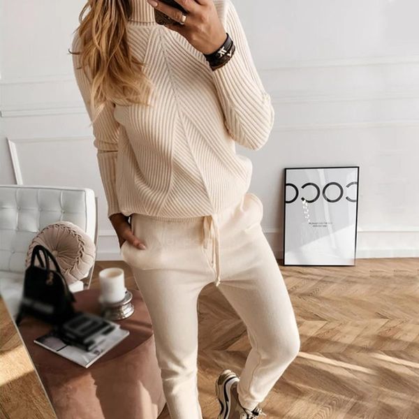 autumn spring women's tracksuit solid color striped turtleneck sweater and elastic trousers suits knitted two piece set pants, White
autumn spring women's tracksuit solid color striped turtleneck sweater and elastic trousers suits knitted two piece set pants, White