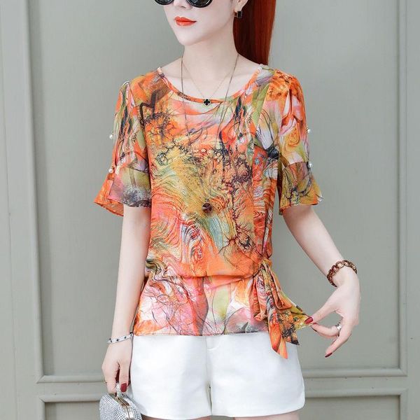 women spring summer style chiffon blouses shirts lady casual short sleeve o-neck flower printed blusas dd8856 women's &, White
women spring summer style chiffon blouses shirts lady casual short sleeve o-neck flower printed blusas dd8856 women's &, White