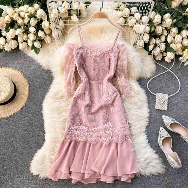 lady fashion slash collar perspective lace half sleeve slim chiffon ruffled dress women's summer elegant vestidos q976 210527, Black;gray
lady fashion slash collar perspective lace half sleeve slim chiffon ruffled dress women's summer elegant vestidos q976 210527, Black;gray