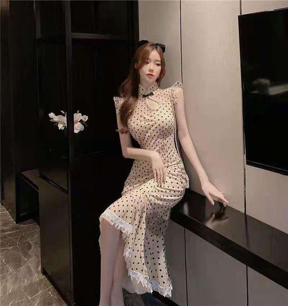 women's swimwear broken flower wave point flounces slim fishtail dress 2021 revised qipao women summer, White;black
women's swimwear broken flower wave point flounces slim fishtail dress 2021 revised qipao women summer, White;black