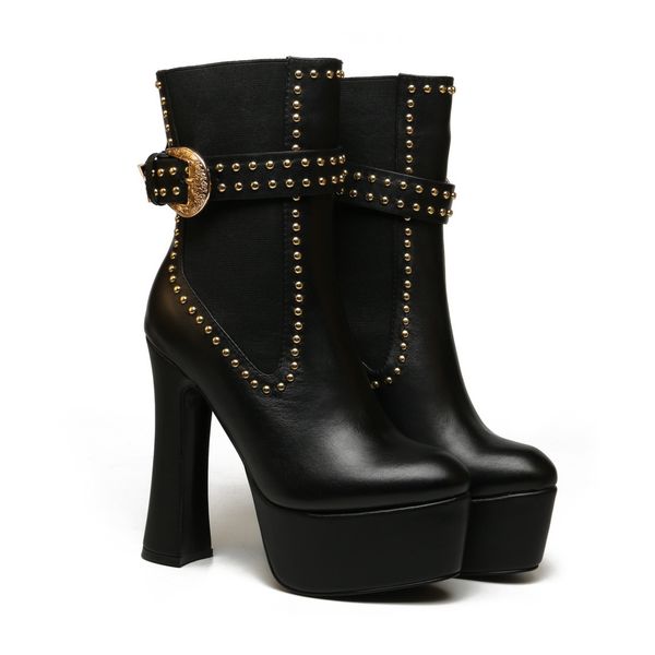 super high heel thick water table elastic martin boots willow nail decorative leather material full of personality rubber outsole, Black
super high heel thick water table elastic martin boots willow nail decorative leather material full of personality rubber outsole, Black