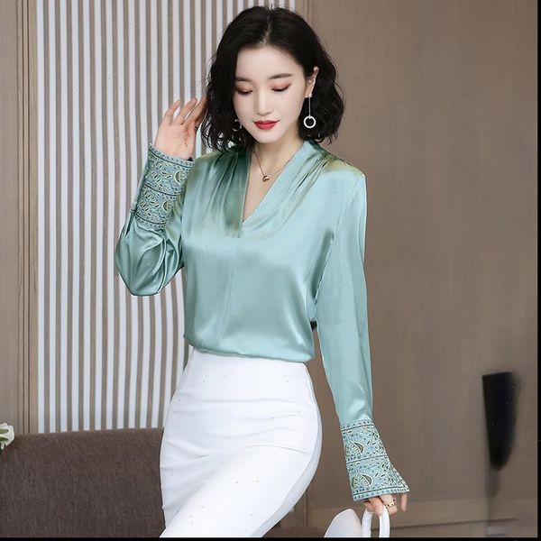 women shirts korean silk satin blouse shirt plus size elegant long sleeve embroidery blouses womens and, White
women shirts korean silk satin blouse shirt plus size elegant long sleeve embroidery blouses womens and, White
