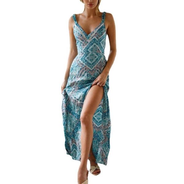 2021 european and american summer waist closing printed suspender dress long skirt large swing skirt women, White
2021 european and american summer waist closing printed suspender dress long skirt large swing skirt women, White