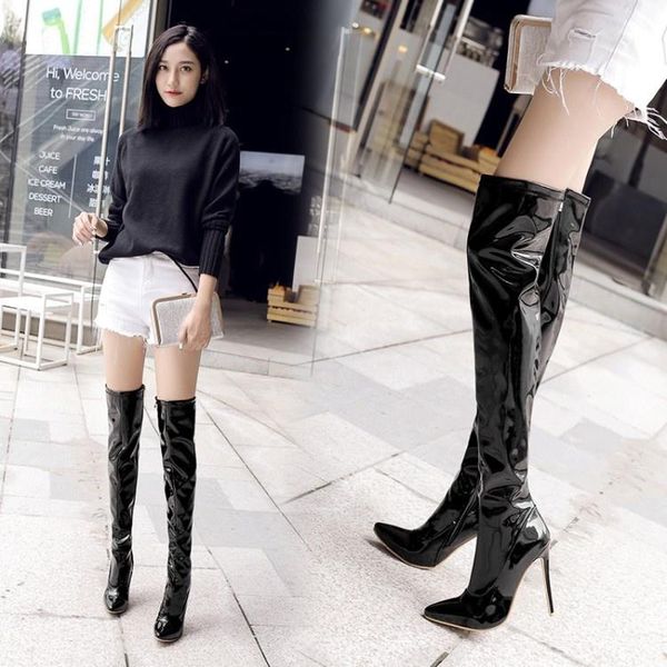 boots women's spring and autumn patent leather knee high heels pointed thin large shoes, Black
boots women's spring and autumn patent leather knee high heels pointed thin large shoes, Black