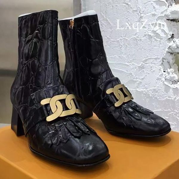 boots brand real leather zipper square toe short metal decoration high heel ankle classic fashion women, Black
boots brand real leather zipper square toe short metal decoration high heel ankle classic fashion women, Black