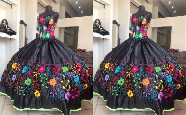 black colorful flower embroidery charro quinceanera dresses 2022 sweetheart satin lace up back mexicano vestido de 15 xv sweet 16 prom eveen, Blue;red
black colorful flower embroidery charro quinceanera dresses 2022 sweetheart satin lace up back mexicano vestido de 15 xv sweet 16 prom eveen, Blue;red
