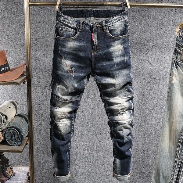 men's jeans european american street fashion men retro elastic slim fit ripped spliced designer hip hop denim biker pants, Blue
men's jeans european american street fashion men retro elastic slim fit ripped spliced designer hip hop denim biker pants, Blue
