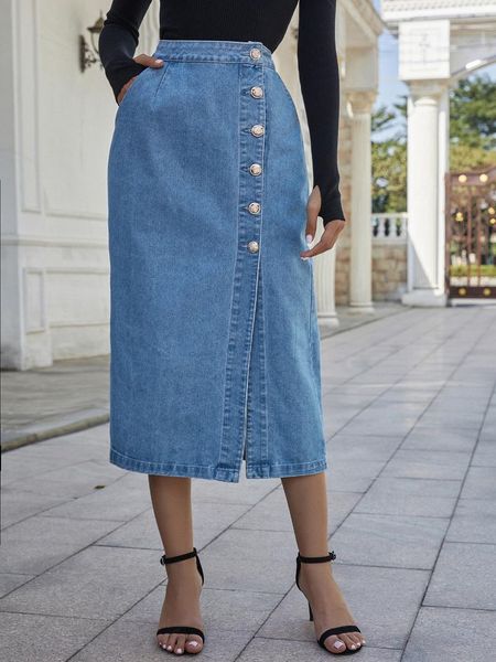 skirts 2021 summer women's european american ins fashion high waist single-breasted solid denim skirt slim all-match for women, Black 
skirts 2021 summer women's european american ins fashion high waist single-breasted solid denim skirt slim all-match for women, Black