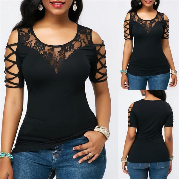 women's t-shirt women cold shoulder t-shirts round neck lace hollow short sleeves black color casual wear female summer slim pullover, White
women's t-shirt women cold shoulder t-shirts round neck lace hollow short sleeves black color casual wear female summer slim pullover, White