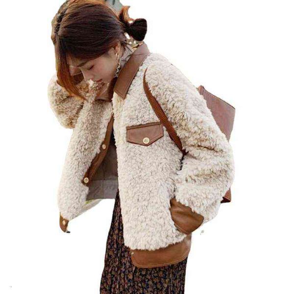 imitation lamb wool coat women's short splicing 2021 autumn and winter loose small thickened fashion, Black;brown 
imitation lamb wool coat women's short splicing 2021 autumn and winter loose small thickened fashion, Black;brown