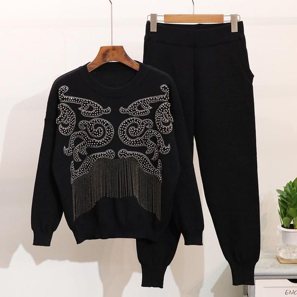 women's two piece pants european autumn winter women knitted set heavy nail beads long-sleeved sweaters+ casual fashion streetwear, White 
women's two piece pants european autumn winter women knitted set heavy nail beads long-sleeved sweaters+ casual fashion streetwear, White