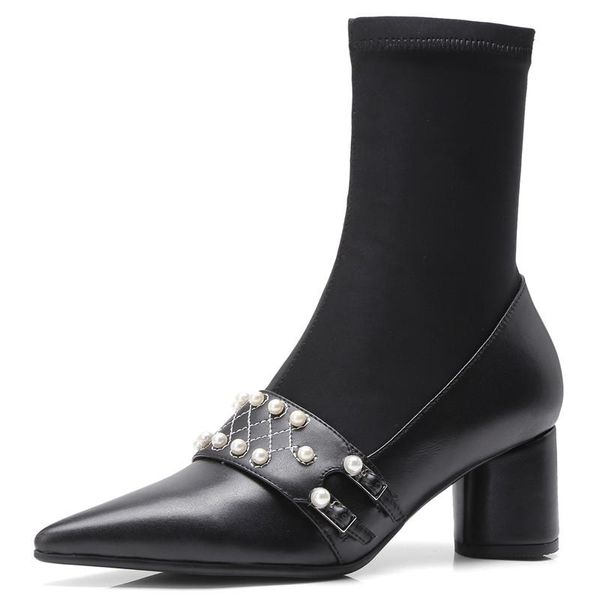 boots fashion women ankle pointed toe female shoes stretch fabric string bead real leather ladies, Black
boots fashion women ankle pointed toe female shoes stretch fabric string bead real leather ladies, Black