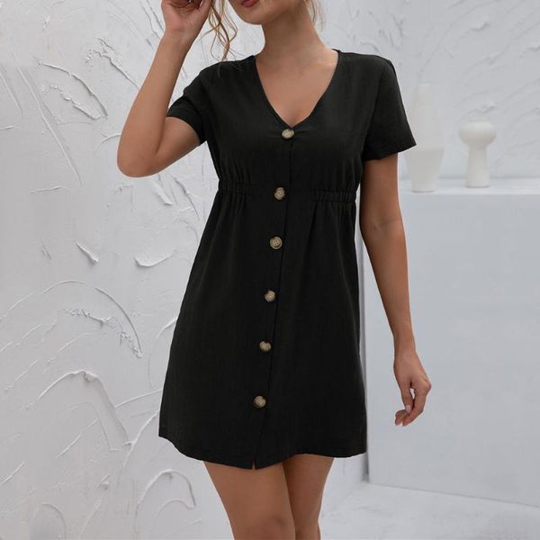 party dresses women v neck dress fashion short sleeve slim summer above knee solid single buttons vestidos, White;black
party dresses women v neck dress fashion short sleeve slim summer above knee solid single buttons vestidos, White;black