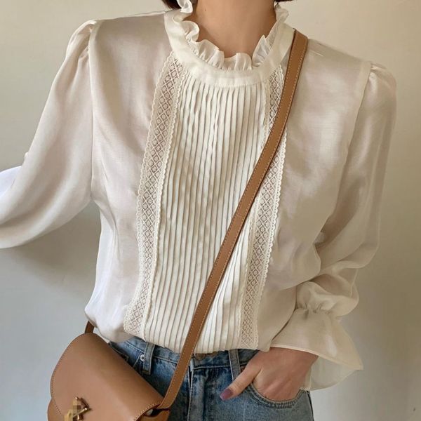 spring women fashion sweet blouse stand collar long flare sleeve minimalist ruffles loose shirt 8y944 210510, White