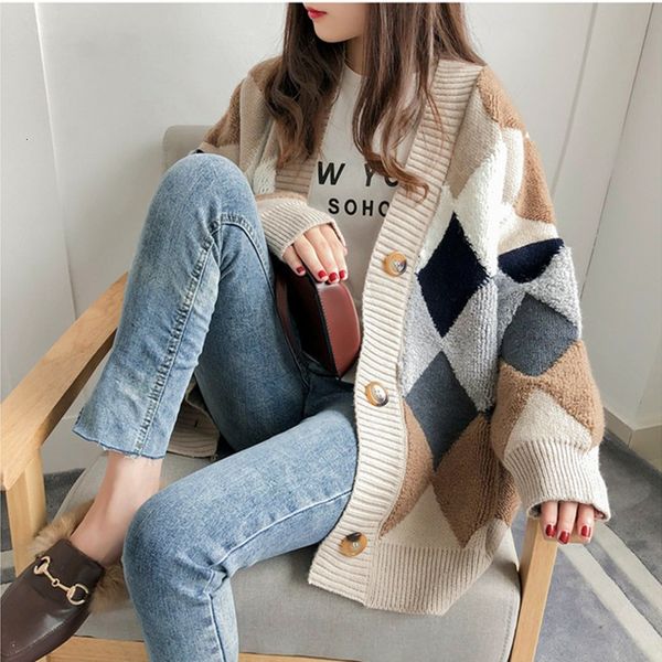 women's knits & tees sweaters autumn winter fashionable casual plaid v-neck cardigans single breasted sleeve loose sweater female, White
women's knits & tees sweaters autumn winter fashionable casual plaid v-neck cardigans single breasted sleeve loose sweater female, White