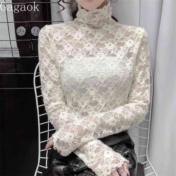 women lace blouses spring autumn solid turtleneck full office lady see through shirt korean fashion blouse 210531, White
women lace blouses spring autumn solid turtleneck full office lady see through shirt korean fashion blouse 210531, White