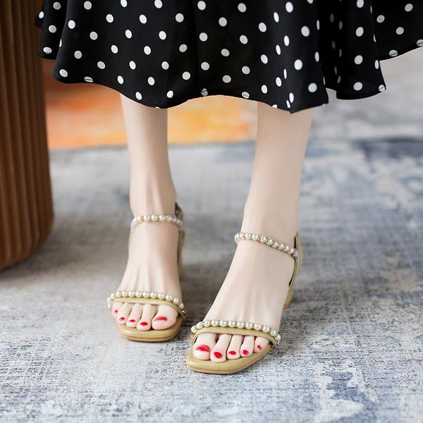 sandals thick heel women pearl chain open toe summer shoes outdoor fashion high beige green mujer, Black
sandals thick heel women pearl chain open toe summer shoes outdoor fashion high beige green mujer, Black
