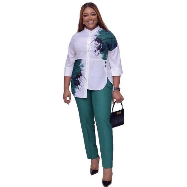 men's casual shirts 2 piece set women slim solid pants and 3/4 sleeve stand collar split 2021 fashion print irregular office lady suit, White;black
men's casual shirts 2 piece set women slim solid pants and 3/4 sleeve stand collar split 2021 fashion print irregular office lady suit, White;black