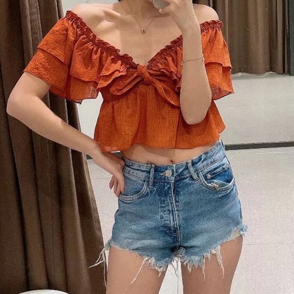 fashion solid off shoulder za crop blouse elegant short sleeve summer ruffle chic elastic bow pleated shirt streetwear 210521, White
fashion solid off shoulder za crop blouse elegant short sleeve summer ruffle chic elastic bow pleated shirt streetwear 210521, White