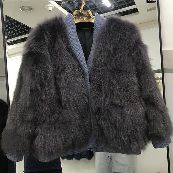 women's fur & faux real coat jacket women autumn winter loose v-neck single breasted outerwear in stock, Black