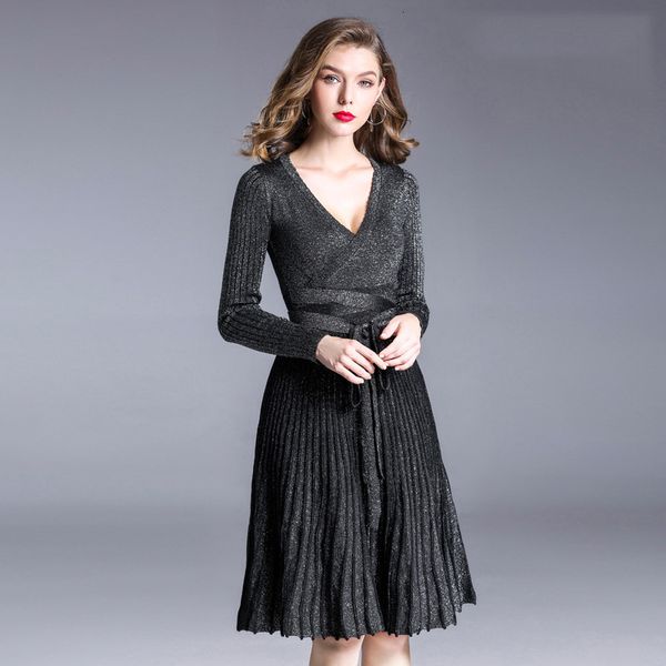 dress shiny black knitted classic women long sleeve v-neck empire sash fit and flare sweater elegant party p-147, Black;gray
dress shiny black knitted classic women long sleeve v-neck empire sash fit and flare sweater elegant party p-147, Black;gray