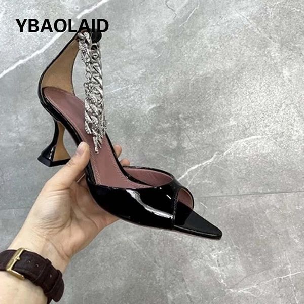 dress shoes summer style fish mouth patent leather stiletto sandals solid color metal chain decoration high-heeled women, Black
dress shoes summer style fish mouth patent leather stiletto sandals solid color metal chain decoration high-heeled women, Black
