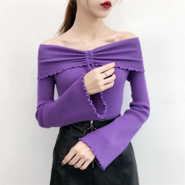 women's sweaters autumn winter korean chin women flare sleeve female pullovers slash neck off the shoulder knitted, White;black
women's sweaters autumn winter korean chin women flare sleeve female pullovers slash neck off the shoulder knitted, White;black