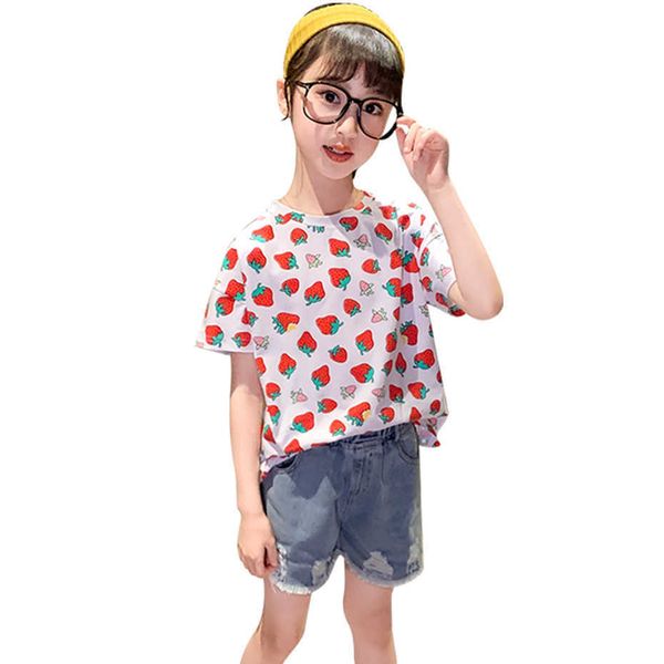 children clothes starwberry tshirt + denim short for girls hole kids summer children's tracksuit 210528, White
children clothes starwberry tshirt + denim short for girls hole kids summer children's tracksuit 210528, White