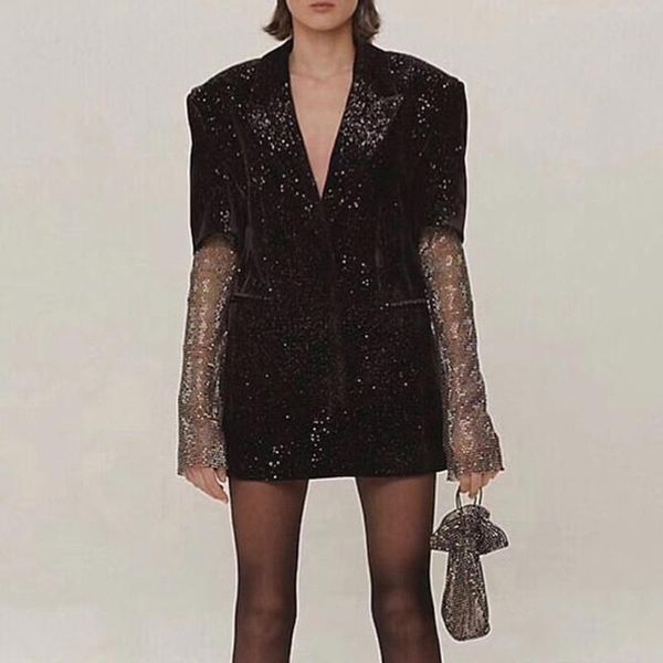 elegant show temperament women's suit style autumn lapel splicing color diamond hollow out long sleeve jacket fashion suits & blazers, White;black