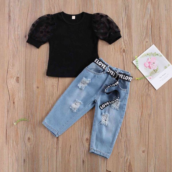 2pcs fashion summer kids girls casual clothes set black short puff sleeve blue elastic waist jeans waistband toddler outfit, White 
2pcs fashion summer kids girls casual clothes set black short puff sleeve blue elastic waist jeans waistband toddler outfit, White
