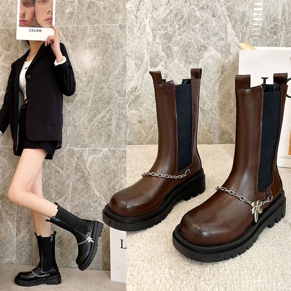 boots chelsea martin women's autumn and winter muffin thick bottom chain decorative thin tide middle tube boots, Black