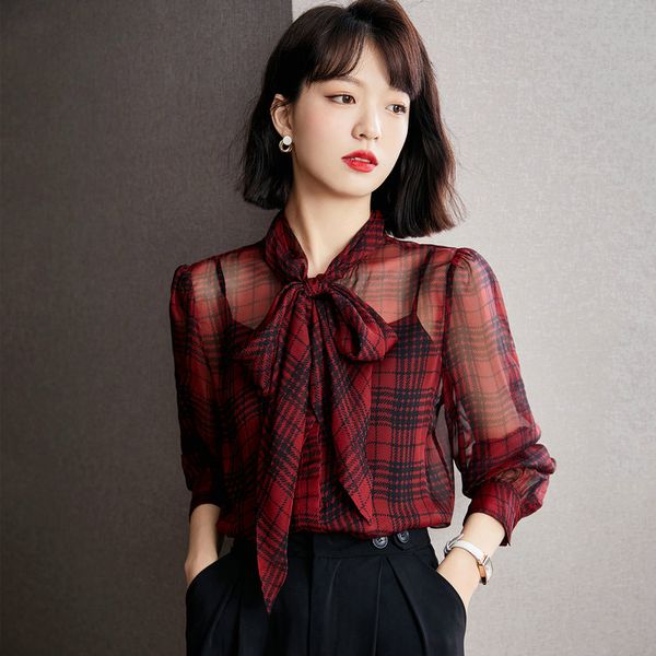 2021 autumn shirt women's plaid chiffon long sleeve chiffon shirt bow through blouse fashion trend girl shirt, White
2021 autumn shirt women's plaid chiffon long sleeve chiffon shirt bow through blouse fashion trend girl shirt, White