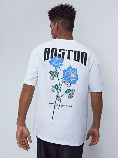 men slogan & floral print tee y9fk#, White;black