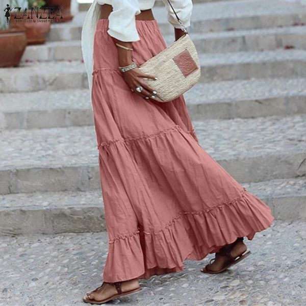 skirts zanzea women patchwork skirt 2021 summer a-line maxi bohemian casual solid ruffle bottoms lady holiday plus size 5xl, Black