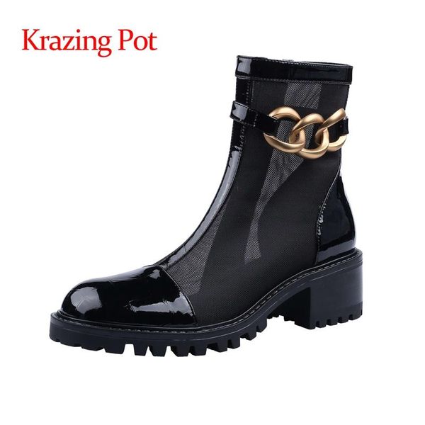 krazing pot 2021 arrival summer boots patent leather round toe high heels metal decorations young lady basic ankle l01, Black
krazing pot 2021 arrival summer boots patent leather round toe high heels metal decorations young lady basic ankle l01, Black