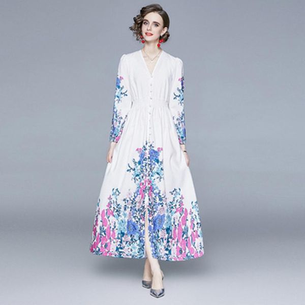 spring fashion designer runway floral long dress women's puff sleeve v-neck single breasted elastic waist holiday casual dresses, Black;gray
spring fashion designer runway floral long dress women's puff sleeve v-neck single breasted elastic waist holiday casual dresses, Black;gray