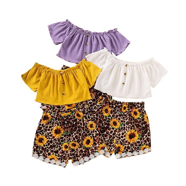 clothing sets 2 pcs girls summer outfits off-shoulder solid color boat neck short sleeve t-shirt + sunflower & leopard print shorts, White 
clothing sets 2 pcs girls summer outfits off-shoulder solid color boat neck short sleeve t-shirt + sunflower & leopard print shorts, White
