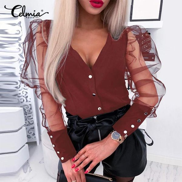 women's blouses & shirts s- fashion sheer mesh streetwear celmia women summer see-through puff sleeve casual v-neck buttons blusas, White 
women's blouses & shirts s- fashion sheer mesh streetwear celmia women summer see-through puff sleeve casual v-neck buttons blusas, White