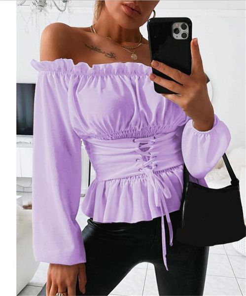 women's t-shirt fashion women spring off shoulder shirt long sleeve fall solid color slash neck ruffle straps waistband europe and amer, White
women's t-shirt fashion women spring off shoulder shirt long sleeve fall solid color slash neck ruffle straps waistband europe and amer, White