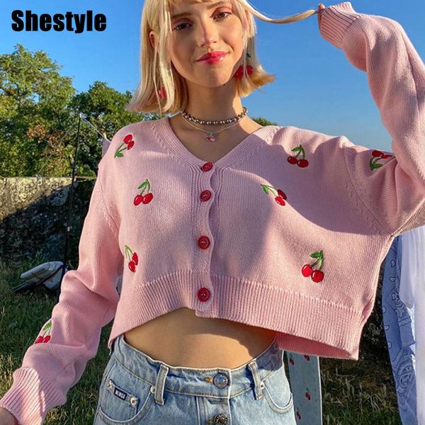 shestyle 2021 autumn sweater pink white v neck button up casual loose crop cherry printed coat knitted cardigans streetwearin, Black;white
shestyle 2021 autumn sweater pink white v neck button up casual loose crop cherry printed coat knitted cardigans streetwearin, Black;white