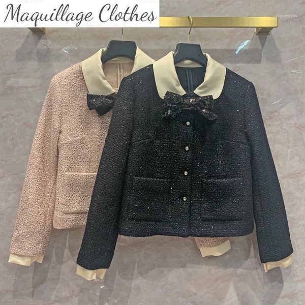 spring autumn designer bowtie women's woollen coat sequins 100% silk lining tweed c713 wool & blends, Black
spring autumn designer bowtie women's woollen coat sequins 100% silk lining tweed c713 wool & blends, Black