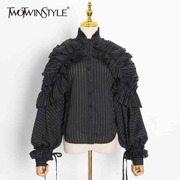 striped blouses for women stand collar lantern long sleeve patchwork ruffles white shirts female fashion tide 210428
striped blouses for women stand collar lantern long sleeve patchwork ruffles white shirts female fashion tide 210428