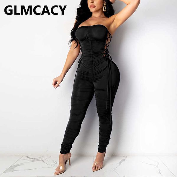 women skinny jumpsuit lace up solid tube jumpsuits 210702, Black;white